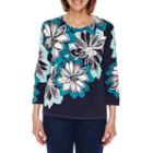 Alfred Dunner Scenic Route 3/4 Sleeve Crew Neck Floral Pullover Sweater-petites