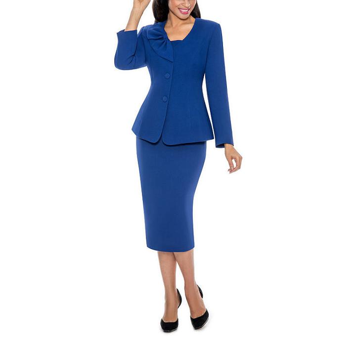Giovanna Signature Women's Mock 3-piece Bow Collar Skirt Suit- Plus