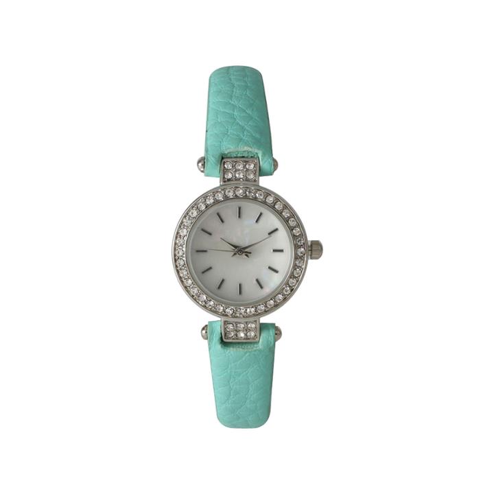 Olivia Pratt Womens Rhinestone Bezel Petite Mint Leather Watch 14829