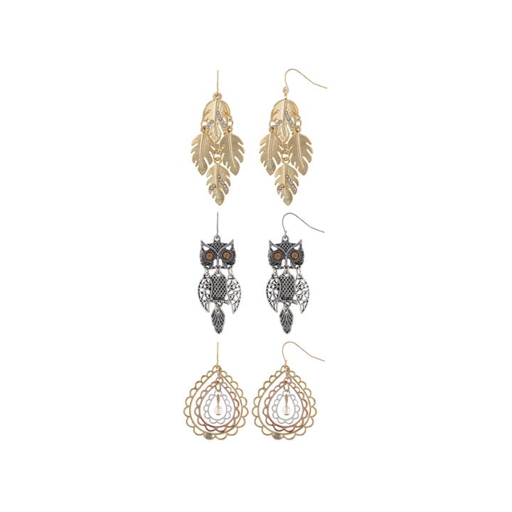 Decree Owl Leaf 3-pr. Tri-tone Earring Set