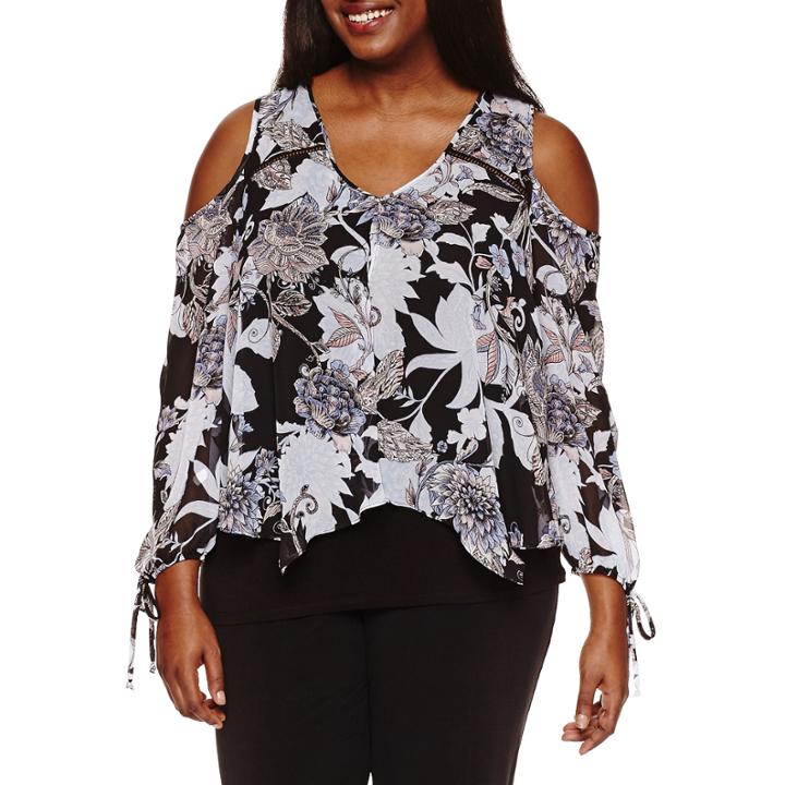 By & By Long Sleeve V Neck Chiffon Blouse-juniors Plus