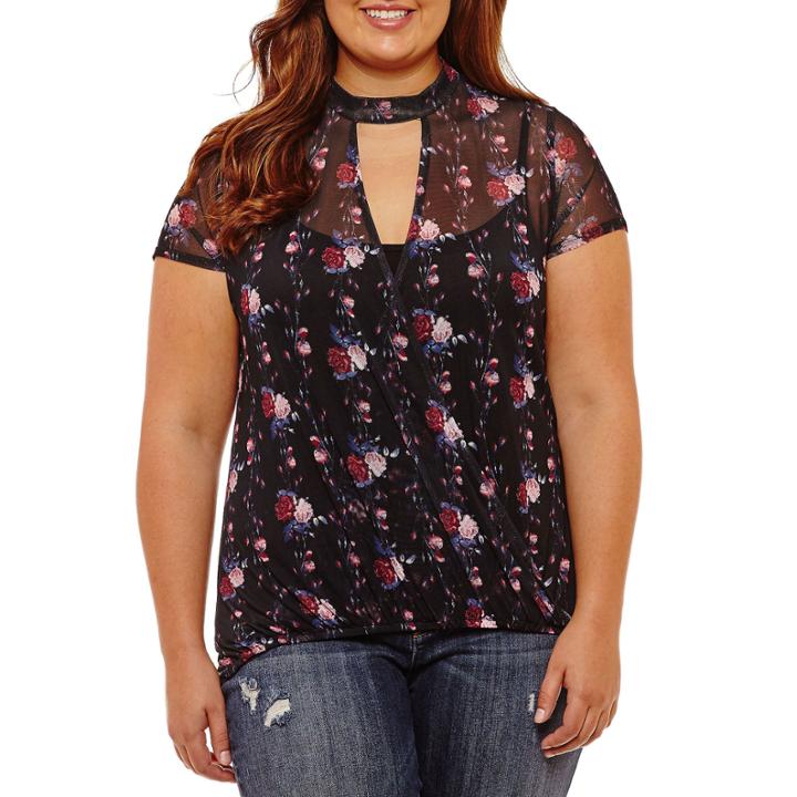 Self Esteem Short Sleeve Keyhole Neck Knit Floral Blouse-juniors Plus