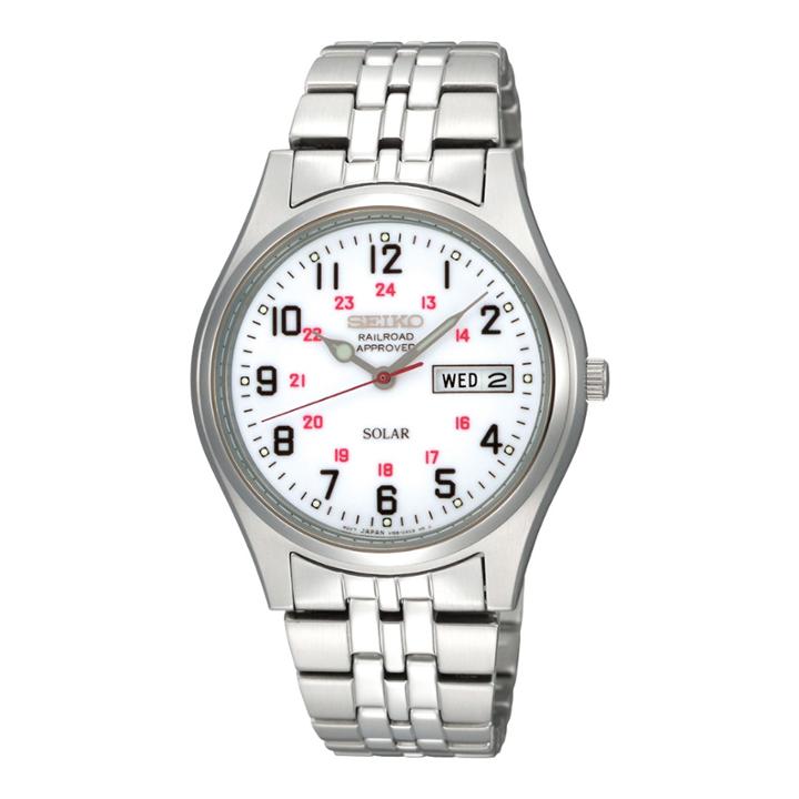 Seiko Railroad Approved Mens White Dial Stainless Steel Solar Watch Sne045