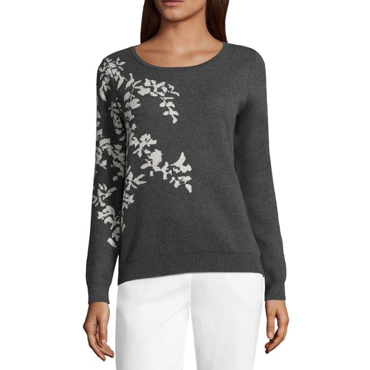Liz Claiborne Long Sleeve Scoop Neck Floral Pullover Sweater