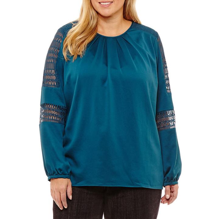 Liz Claiborne Lace Sleeve Pleat Neck Blouse- Plus
