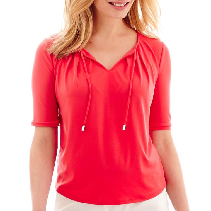 Liz Claiborne Elbow-sleeve Tie-neck Top - Petite