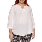 Liz Claiborne Roll Tabsleeves Split Crew Neck Woven Blouse-plus