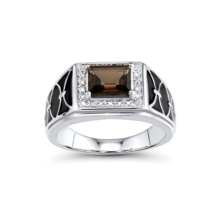 Mens Genuine Smoky Quartz And Diamond-accent Sterling Silver Comfort Fit Ring