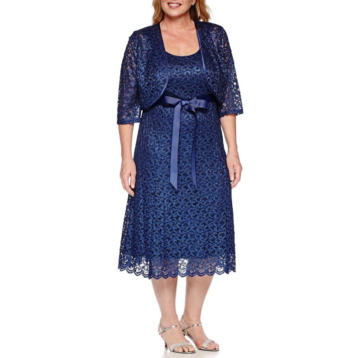 R & M Richards Elbow-sleeve Lace Belted Jacket Dress - Plus