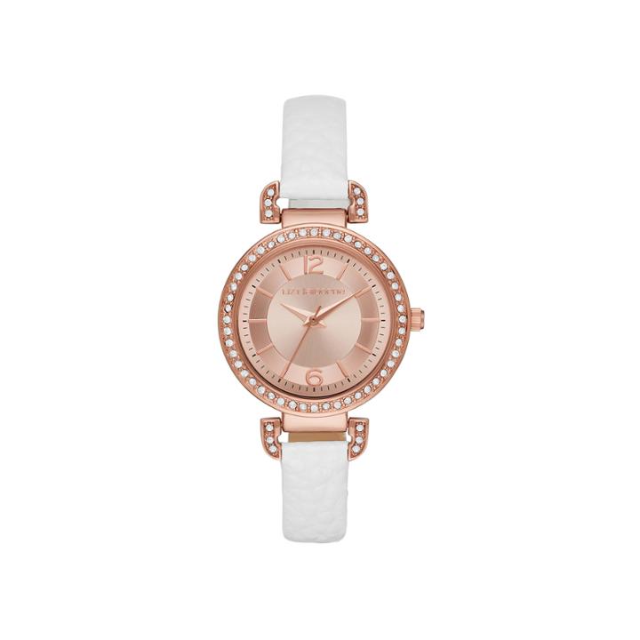 Liz Claiborne Womens Rose Gold Tone Sunray Dial White Strap Watch