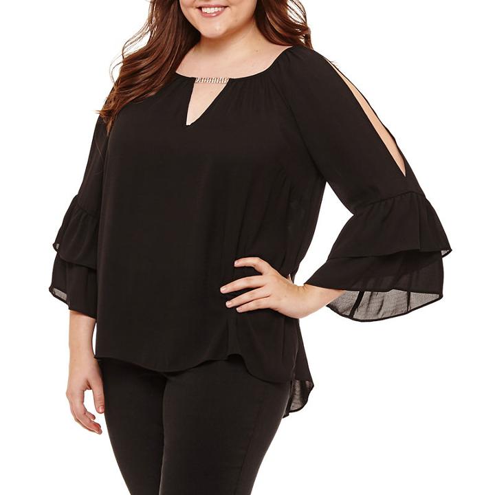 By & By 3/4 Sleeve V Neck Crepe Ruffled Blouse-juniors