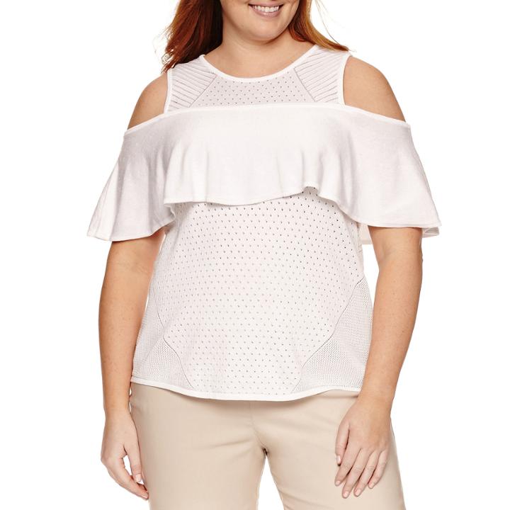 Worthington Cold Shoulder Crew Neck Pullover Sweater - Plus