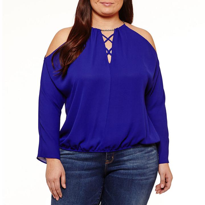 Bold Elements Cold Shoulder Jewel Neck Lace Up Blouse-plus