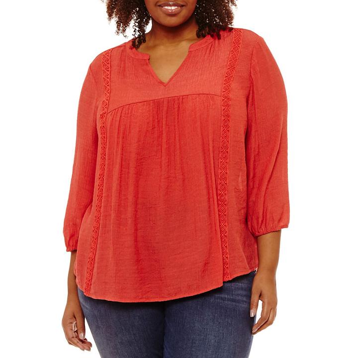St. John's Bay 3/4 Sleeve V-neck Lace Inset Blouse-plus
