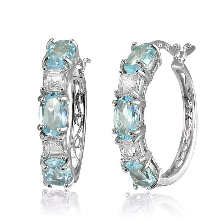 Blue Topaz Sterling Silver 21mm Oval Hoop Earrings