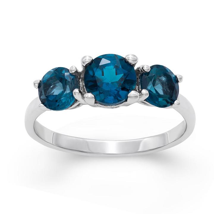Womens Topaz Blue Sterling Silver 3-stone Ring