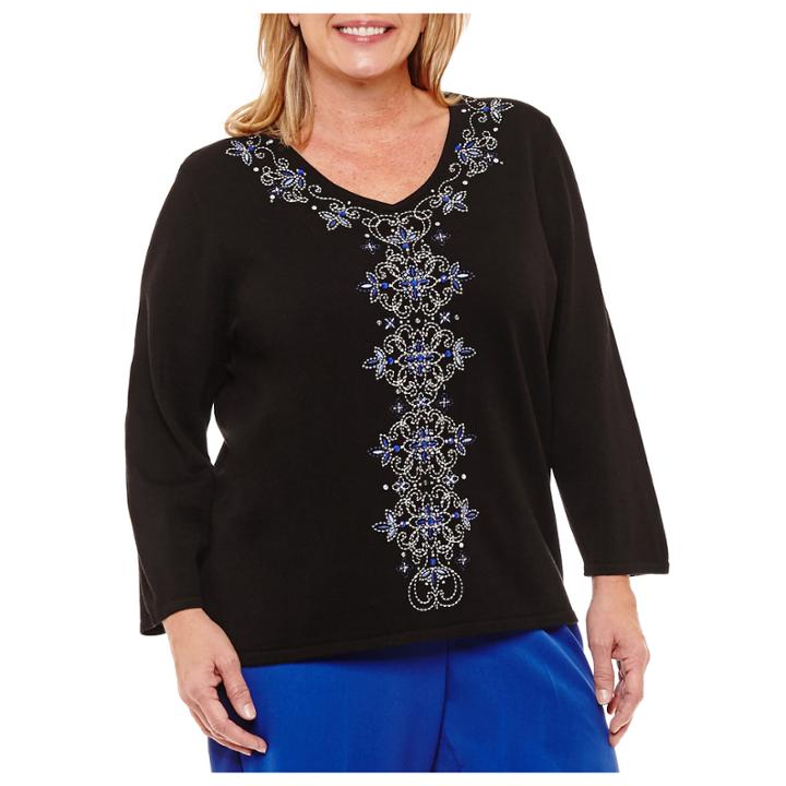 Alfred Dunner High Roller 3/4 Sleeve V Neck T-shirt-plus