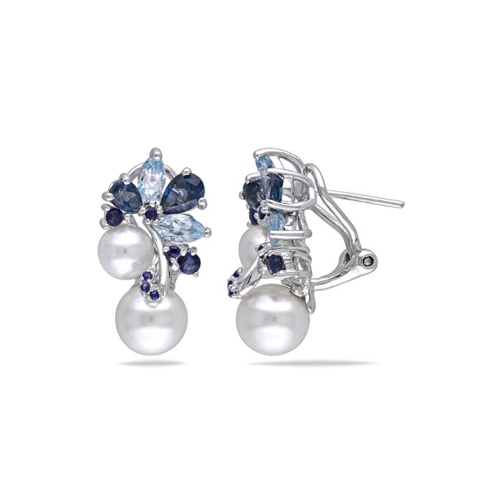 Cultured Freshwater Pearl, Genuine London And Sky Blue Topaz Earrings