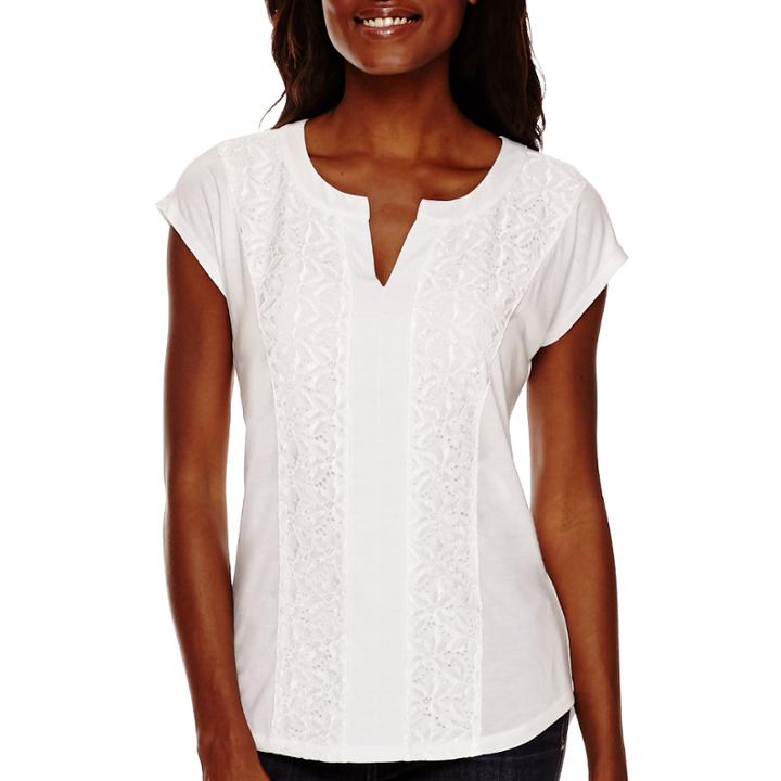 Liz Claiborne Short-sleeve Split-neck Lace Detail T-shirt