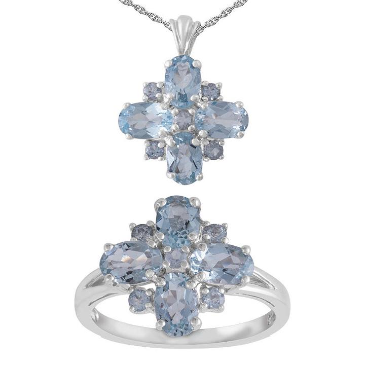 Womens 2-pack Blue Aquamarine Sterling Silver Jewelry Set