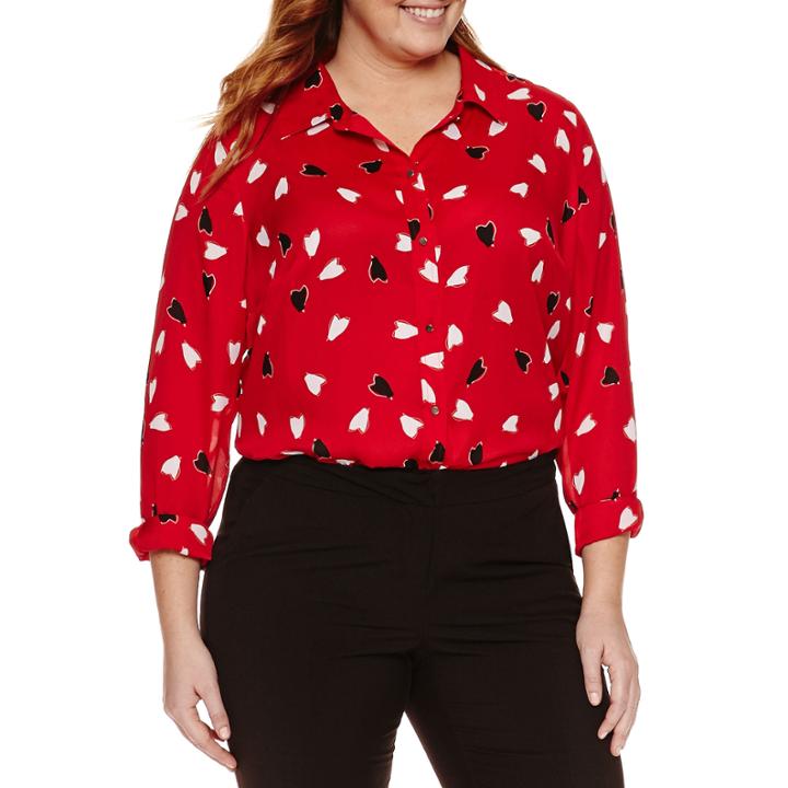 Liz Claiborne Long Sleeve Button Front Heart Print Blouse-plus