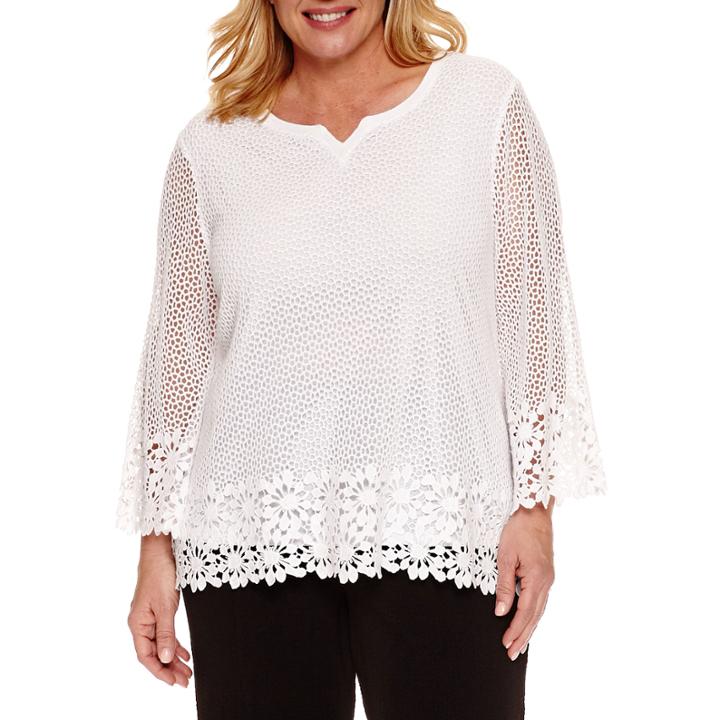 Alfred Dunner Lace It Up 3/4 Sleeve Split Crew Neck T-shirt-plus