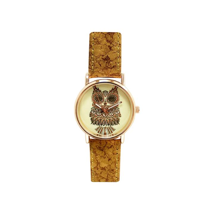 Decree Womens Yellow Owl Dial Cork-look Brown Strap Watch