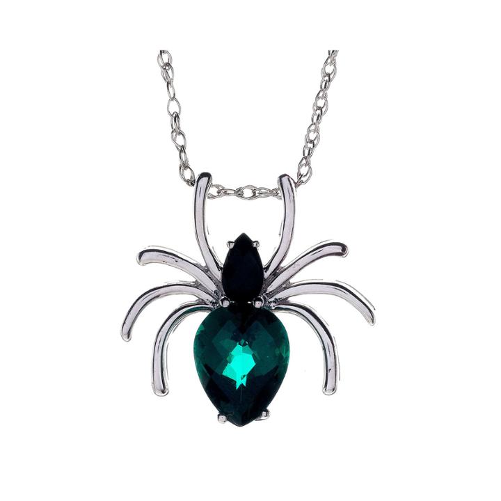 Genuine Black Onyx And Simulated Emerald Spider Pendant Necklace