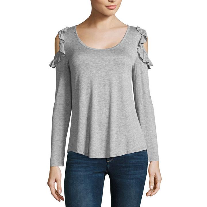 Self Esteem Long Sleeve Scoop Neck Knit Ruffled Blouse-juniors