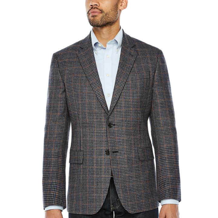 Stafford Merino Wool Sportcoat Blue Gray Rust Windowpane - Classic