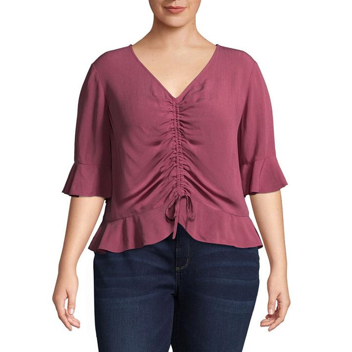 Arizona 3/4 Sleeve V Neck Woven Blouse-juniors Plus