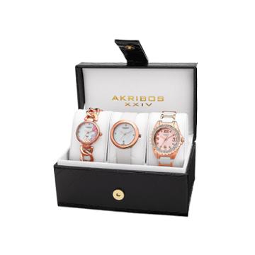 Akribos Xxiv Womens 3-pc. White Diamond Accent Bracelet And Satin Strap Watch Set