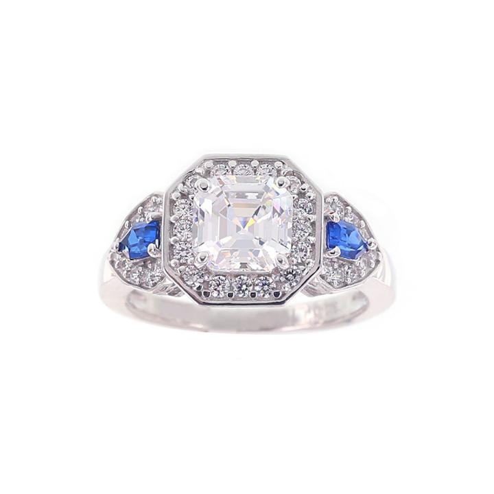 Diamonart Cubic Zirconia & Simulate Blue Sapphire Sterling Silver 3-stone Ring
