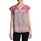 Liz Claiborne Short Sleeve Split Crew Neck Woven Blouse- Misses & Petites