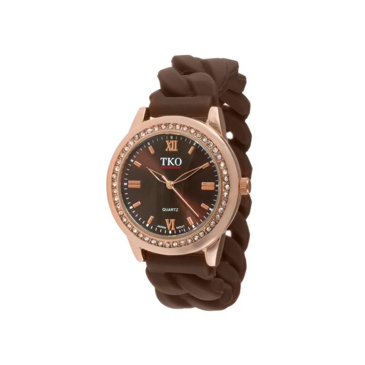 Tko Orlogi Womens Crystal-accent Chain-link Brown Strap Silicone Stretch Watch