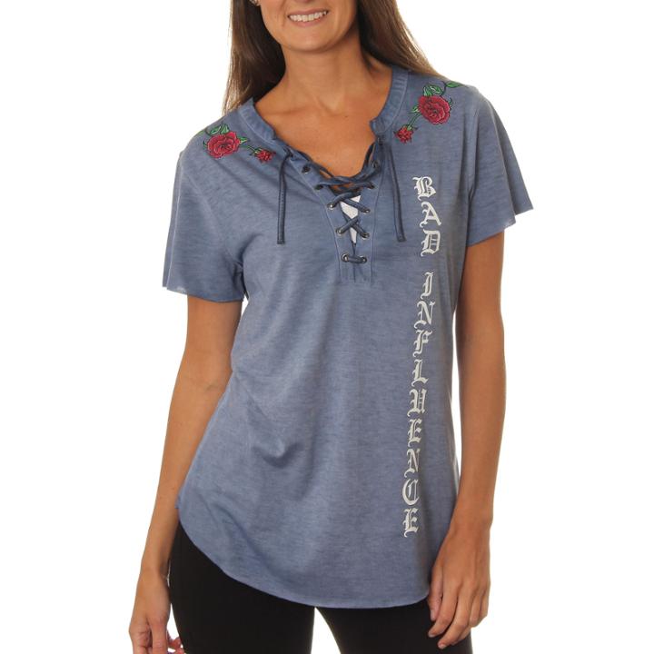 Freeze Juniors' Bad Influence With Roses Lace-upwashed Short Sleeve Graphic T-shirt
