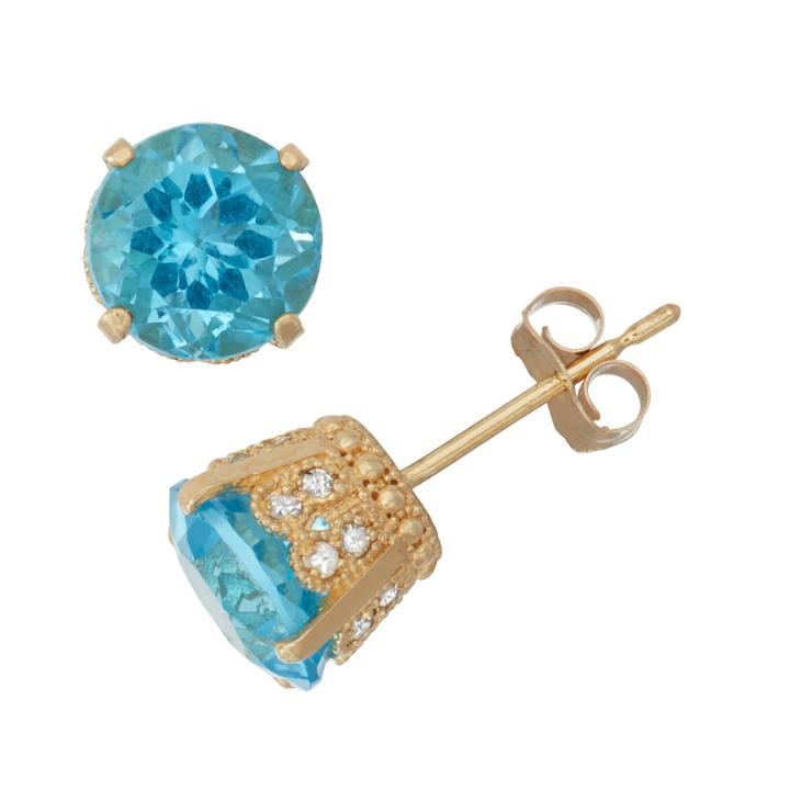 Genuine Swiss Blue Topaz And 1/6 C.t. T.w.diamond 10k Yellow Gold Earrings