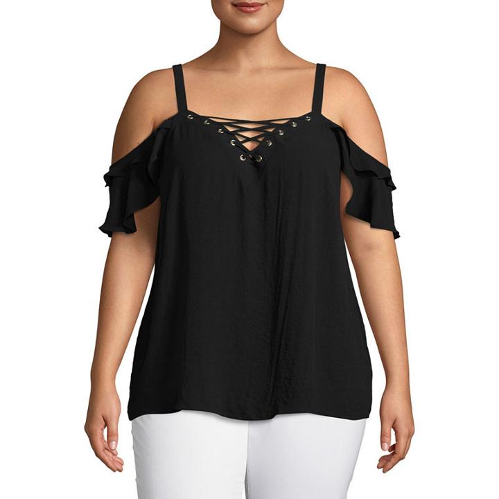 Bold Elements Ruffle Cold Shoulder Lace Up Blouse - Plus