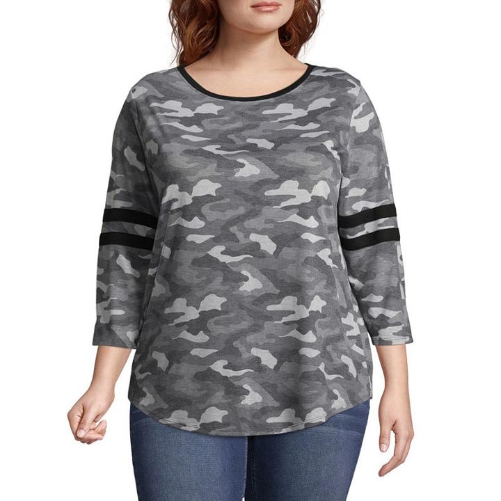 Arizona 3/4 Sleeve Scoop Neck Camouflage T-shirt-womens Juniors Plus