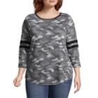 Arizona 3/4 Sleeve Scoop Neck Camouflage T-shirt-womens Juniors Plus