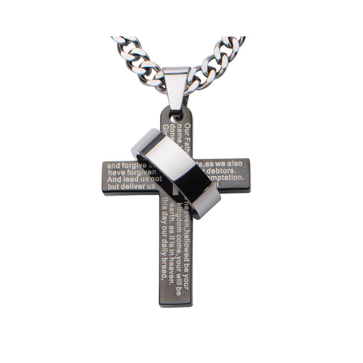 Inox Jewelry Mens Stainless Steel & Black Ip Lords Prayer Cross Pendant