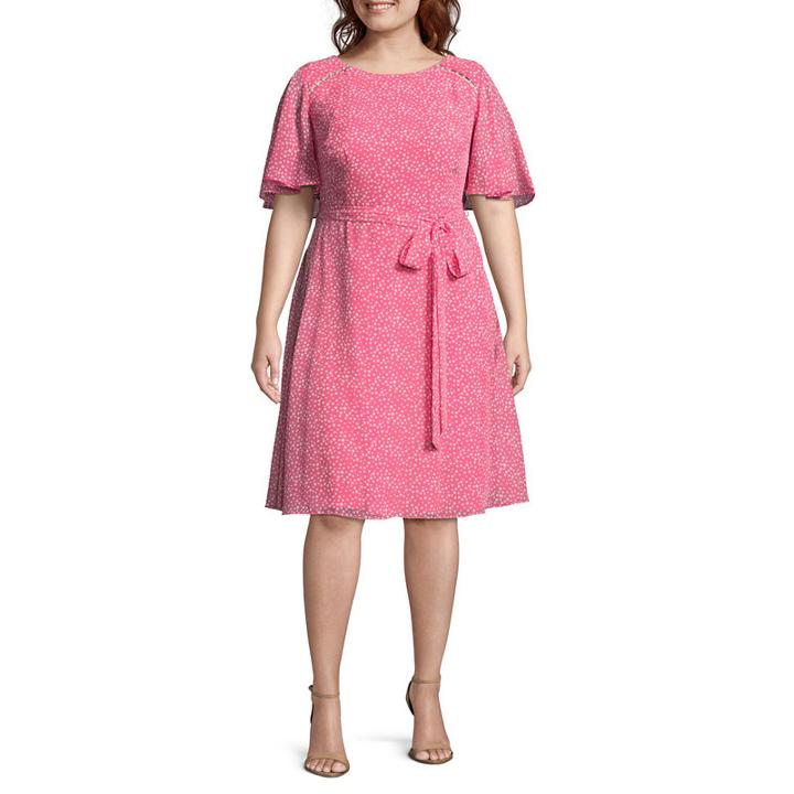 R & K Originals Flutter Sleeve Pearl Detail Polka Dot Fit & Flare Dress - Plus