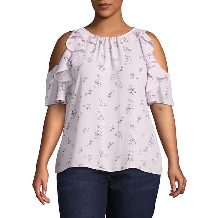 Belle + Sky Ruffle Cold Shoulder Round Neck Woven Blouse-plus