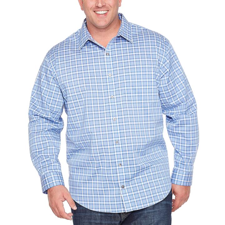 Van Heusen Traveler Stretch Non Iron Long Sleeve Checked Button-front Shirt-big And Tall