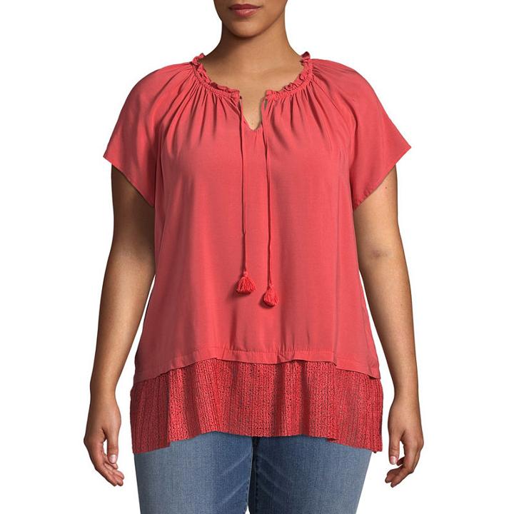 St. John's Bay Short Sleeve Split Neck Peplum Blouse-plus