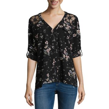 Hollywould 3/4 Sleeve Y Neck Woven Blouse-juniors