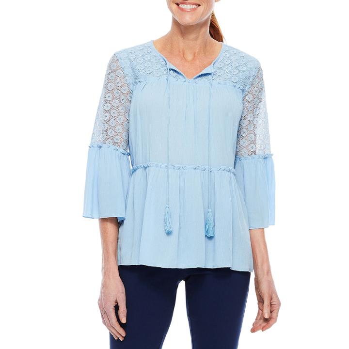 Sag Harbor Denim And Chambray 3/4 Sleeve Bell Sleeve Peasant Top