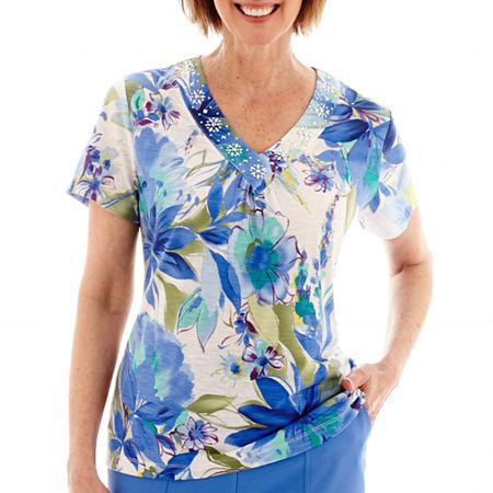 Alfred Dunner Coastal Breeze Short-sleeve Tropical Watercolor Beaded Top