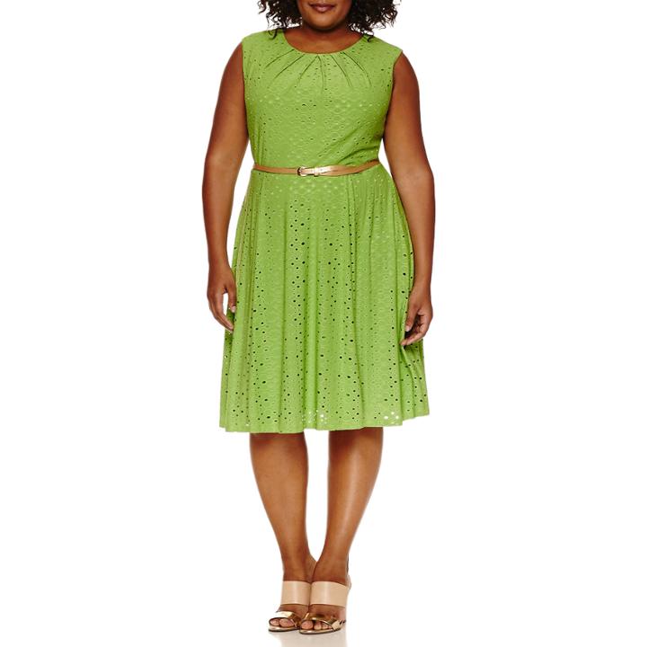 London Times Short Sleeve Lace Belted Fit & Flare Dress-plus
