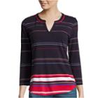 Liz Claiborne 3/4-sleeve Striped Split-neck T-shirt